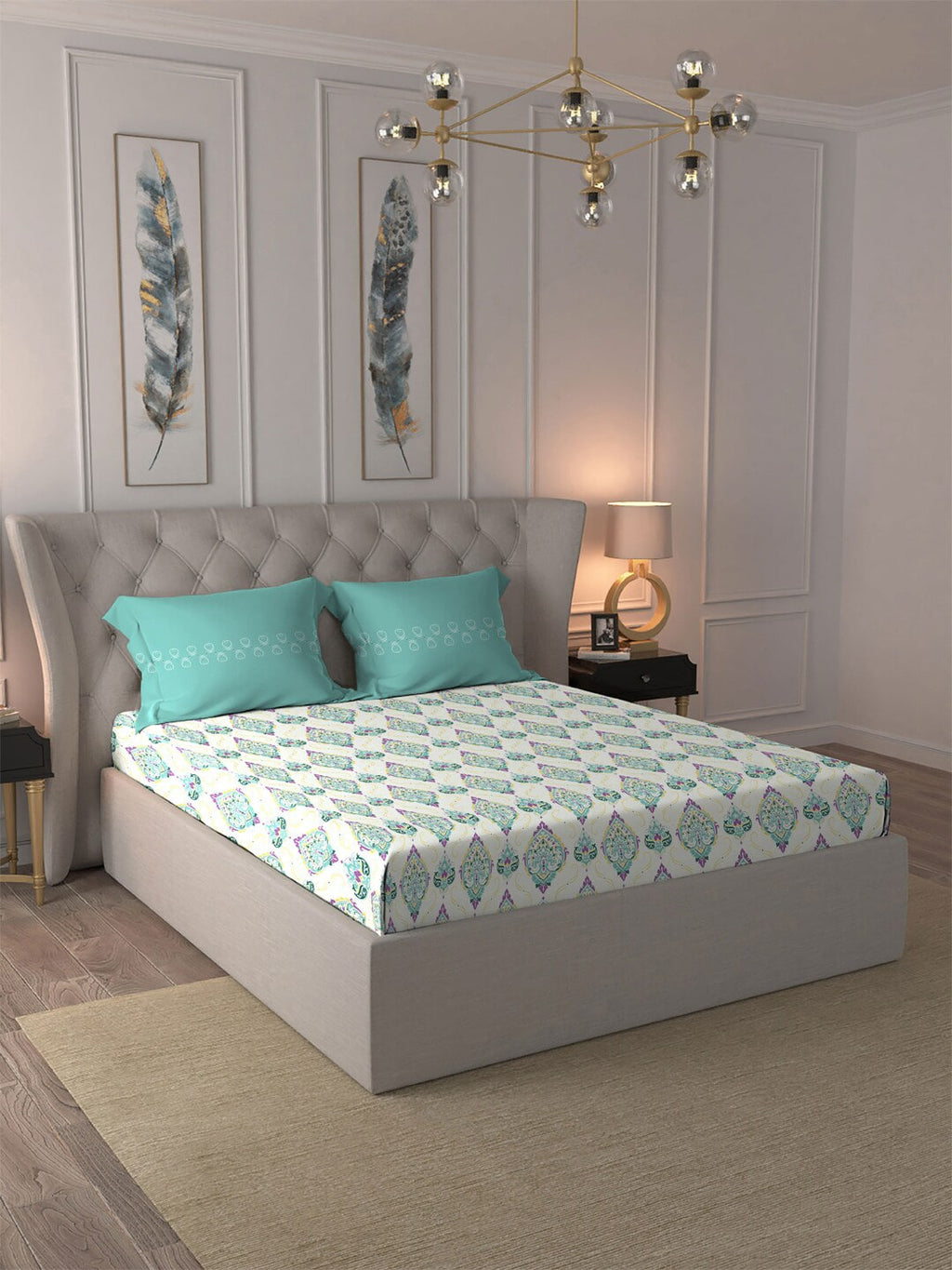 MYTRIDENT Moments White Blue Ethnic Motifs Pure Cotton 120 TC Bedsheet 2 Pillow Covers