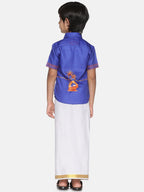 Sethukrishna Boys Blue & White Printed Shirt With Pure Cotton Dhoti Set
