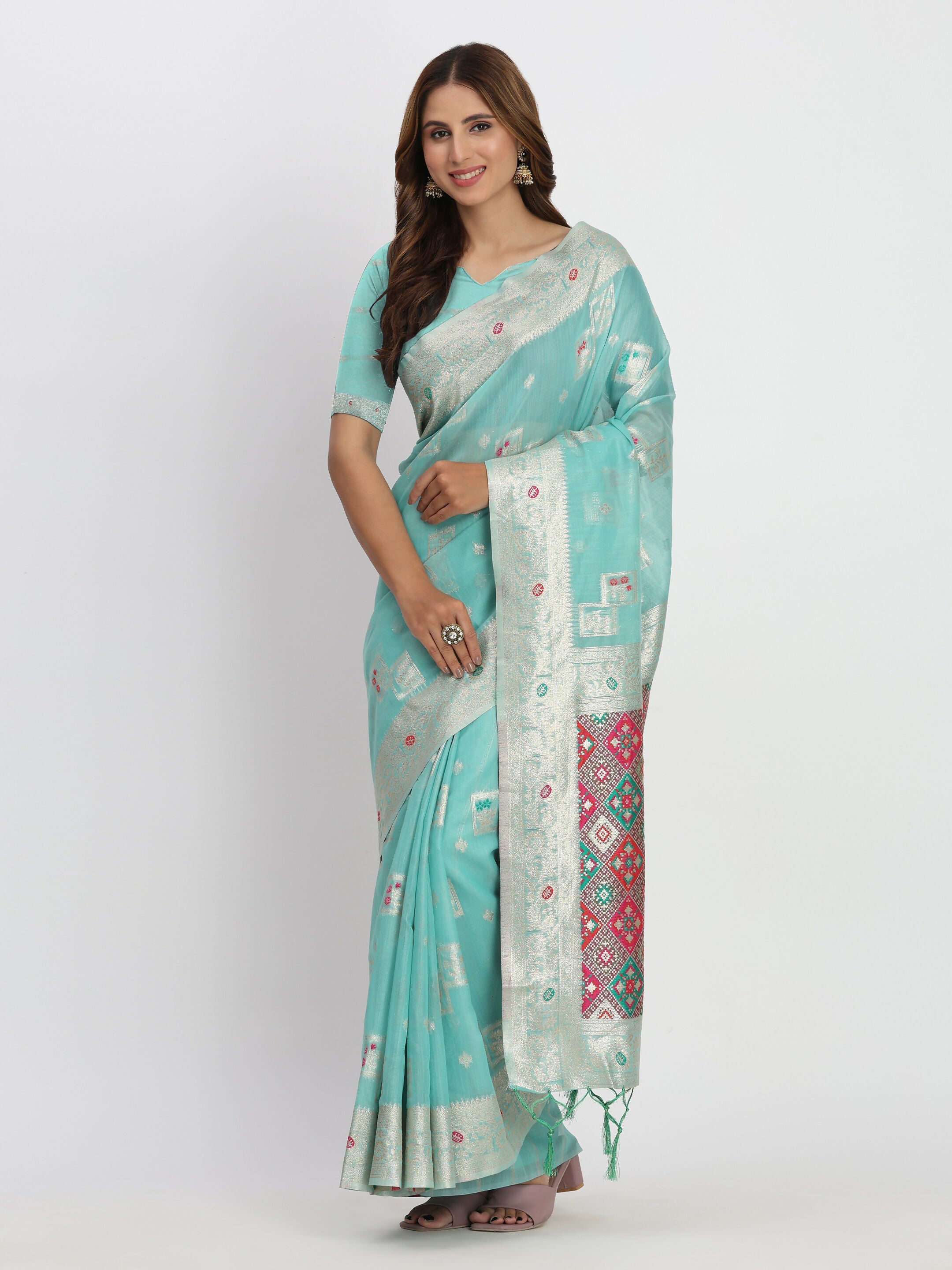 Shree Shyam Fashion Linen Cotton Sea Green Saree - Distacart