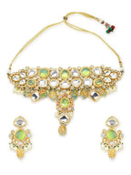 Green Maharani Kundan Neckpiece with Earrings and Maang Tikka- Ruby Raang