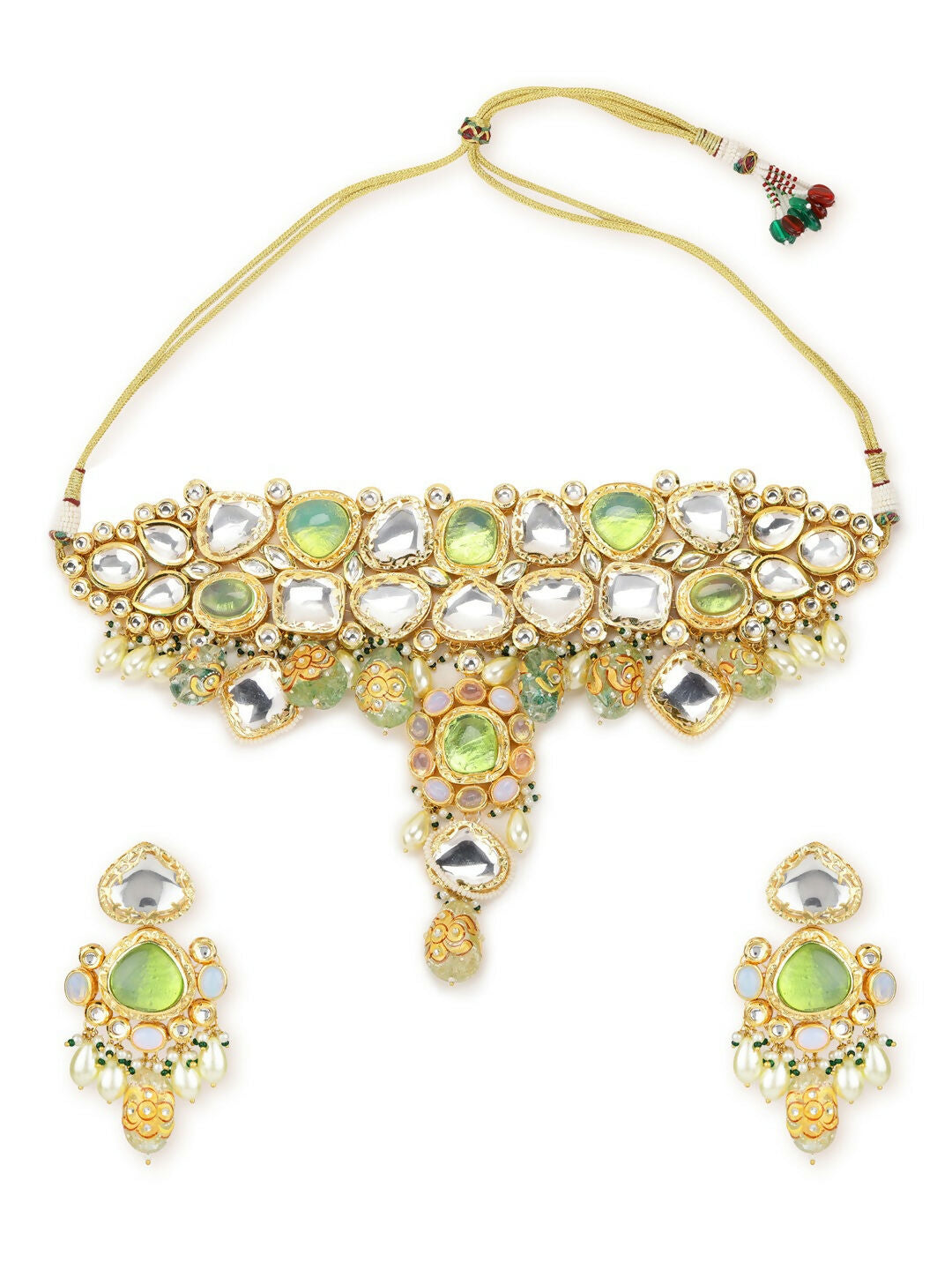 Green Maharani Kundan Neckpiece with Earrings and Maang Tikka- Ruby Raang