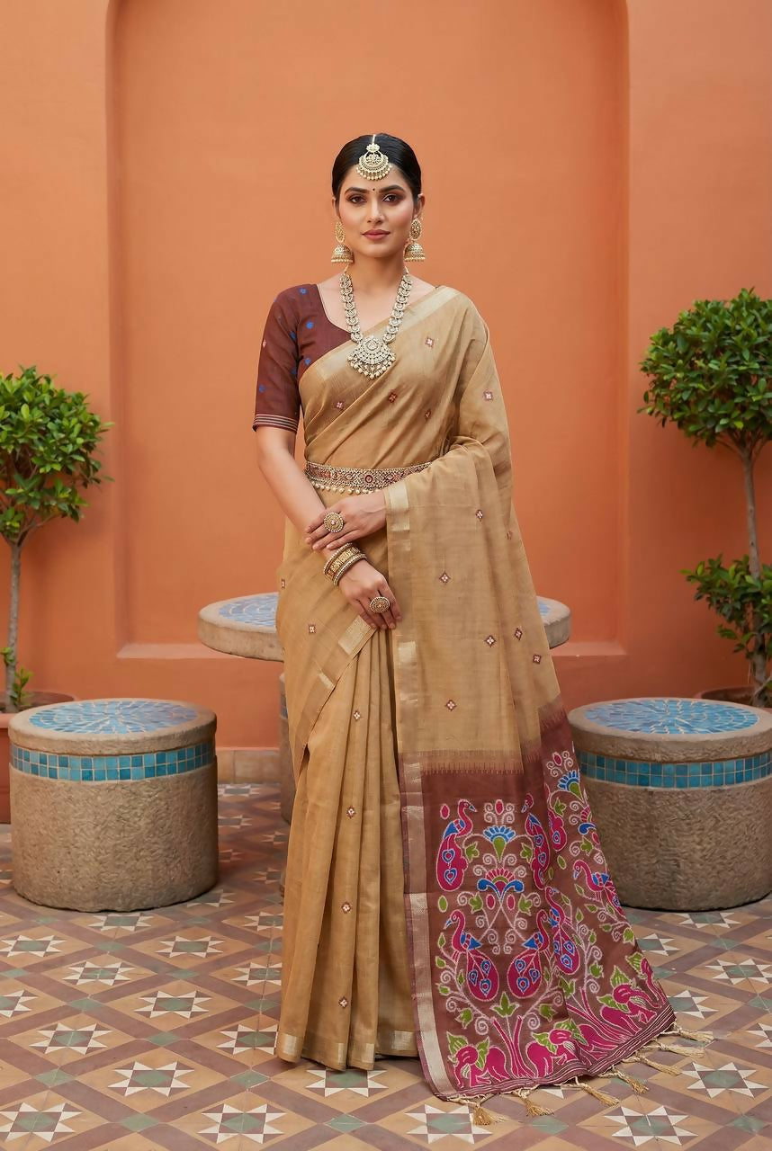 Vastranavya Cream Muga Cotton Meenakari & Azarakh Pallu Saree with Contrast Blouse - Distacart