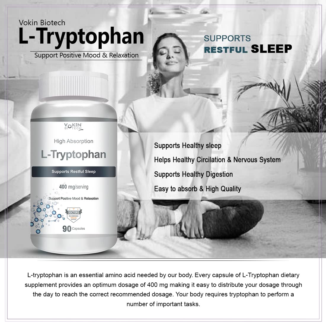 Vokin biotech L-Tryptophan – Support Positive Mood & Relaxation- 400mg