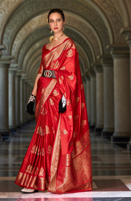 Anaita Red Silk Tissue Zari Weaving Work Saree With Blouse Piece