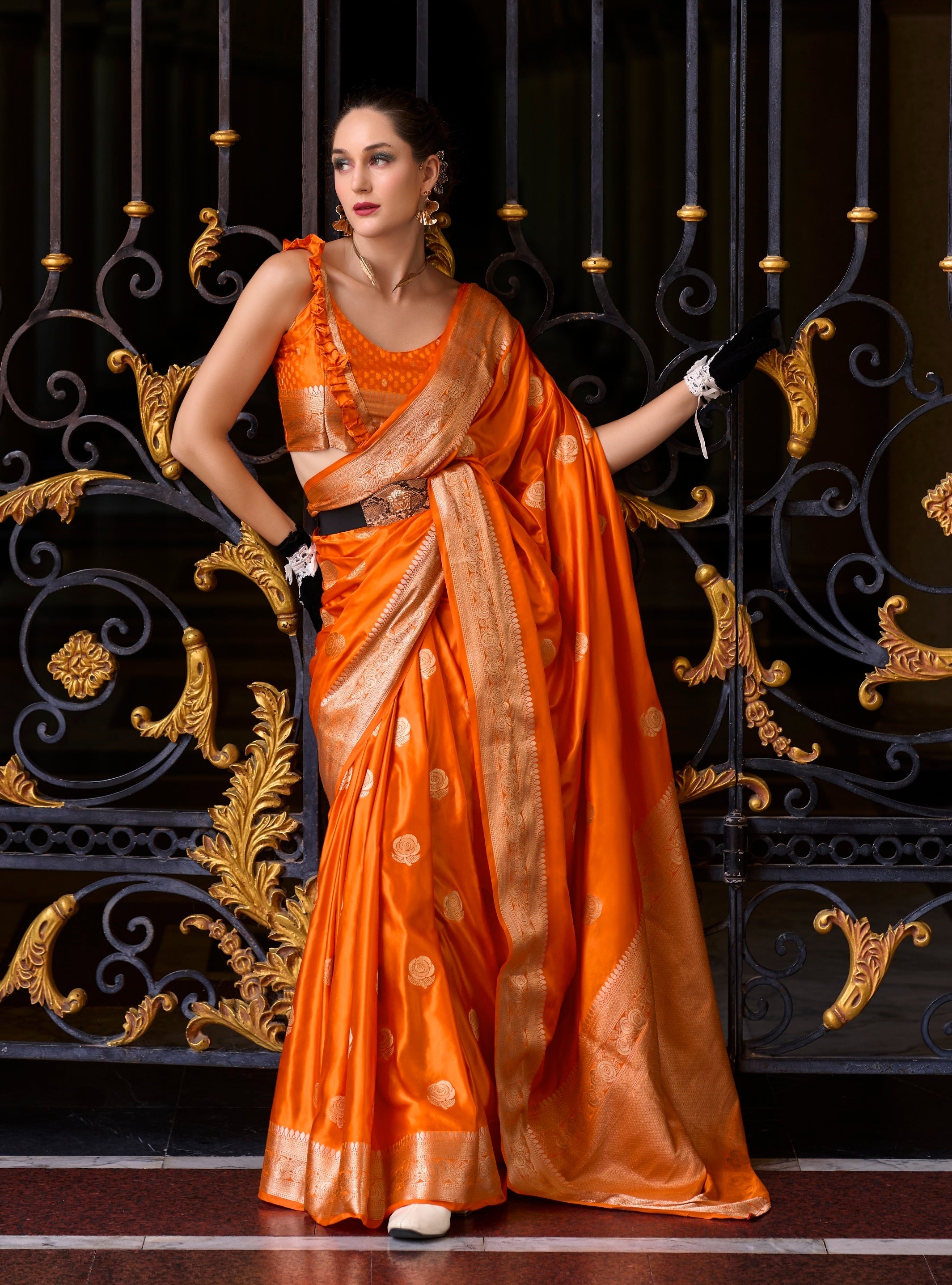 Anaita Orange Silk Tissue Zari Weaving Work Saree With Blouse Piece - Distacart