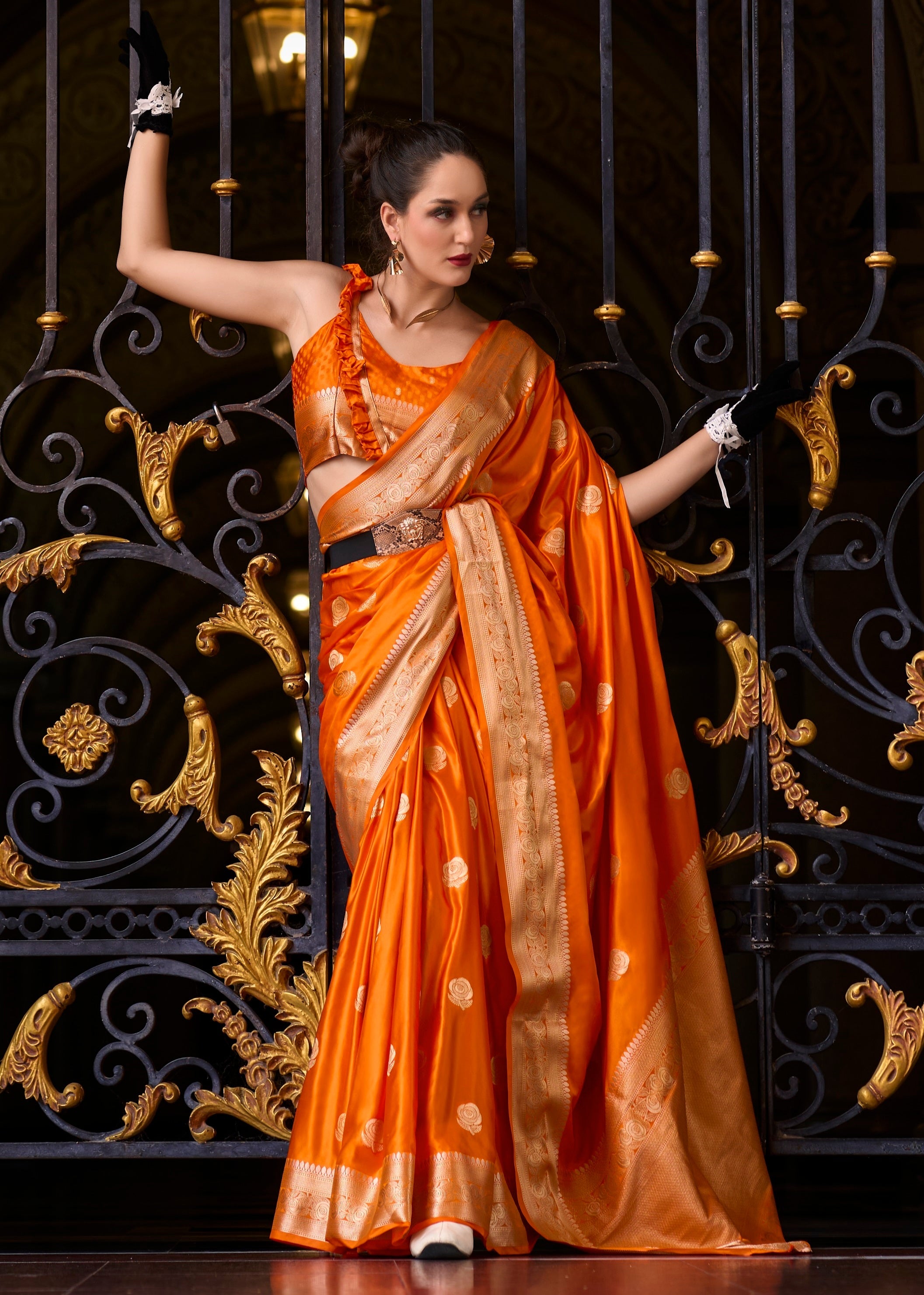 Anaita Orange Silk Tissue Zari Weaving Work Saree With Blouse Piece - Distacart