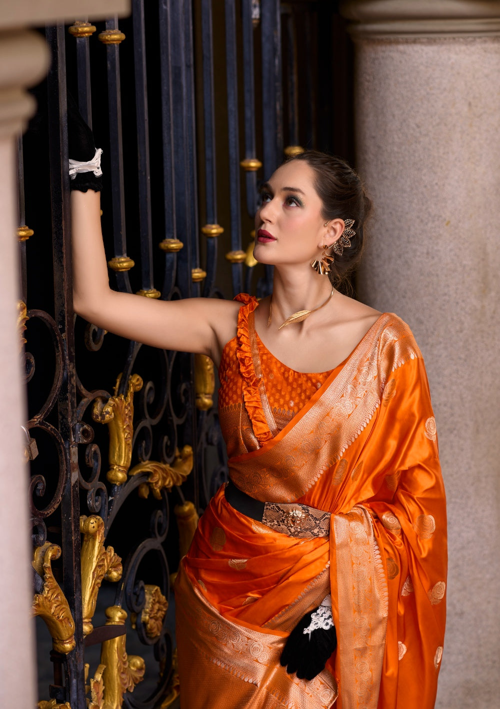 Anaita Orange Silk Tissue Zari Weaving Work Saree With Blouse Piece - Distacart