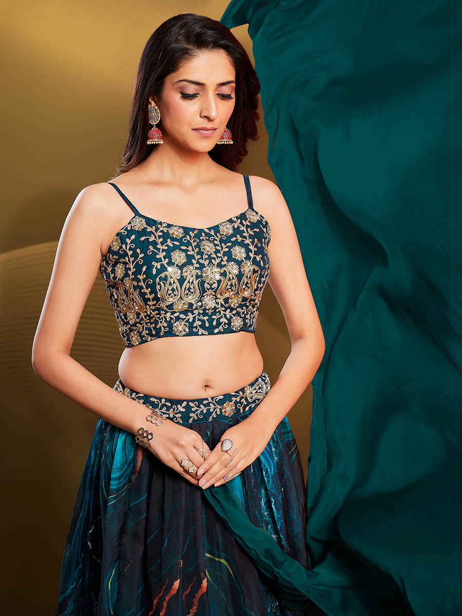 Myra Teal Art Silk Embroidered Designer Lehenga