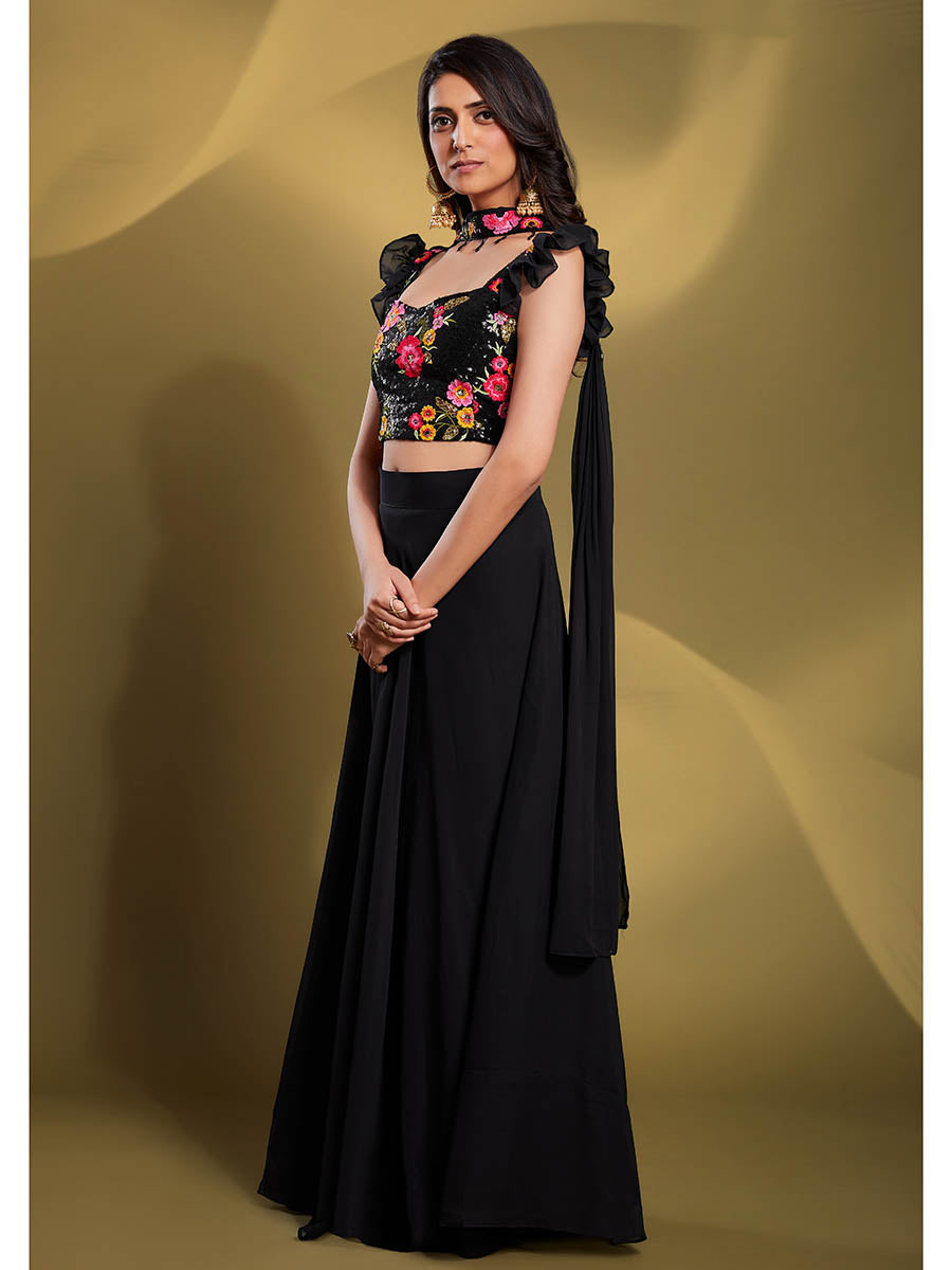 Myra Black Georgette Embroidered Designer Lehenga