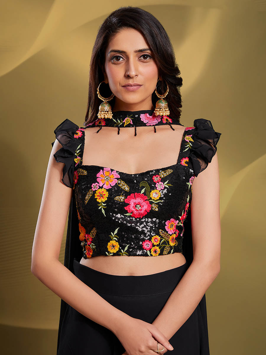 Myra Black Georgette Embroidered Designer Lehenga