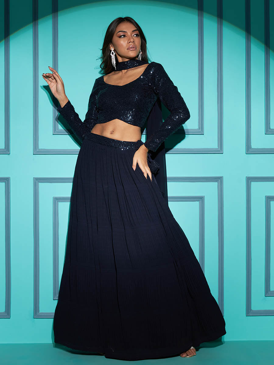 Myra Navy Blue Georgette Embroidered Designer Lehenga