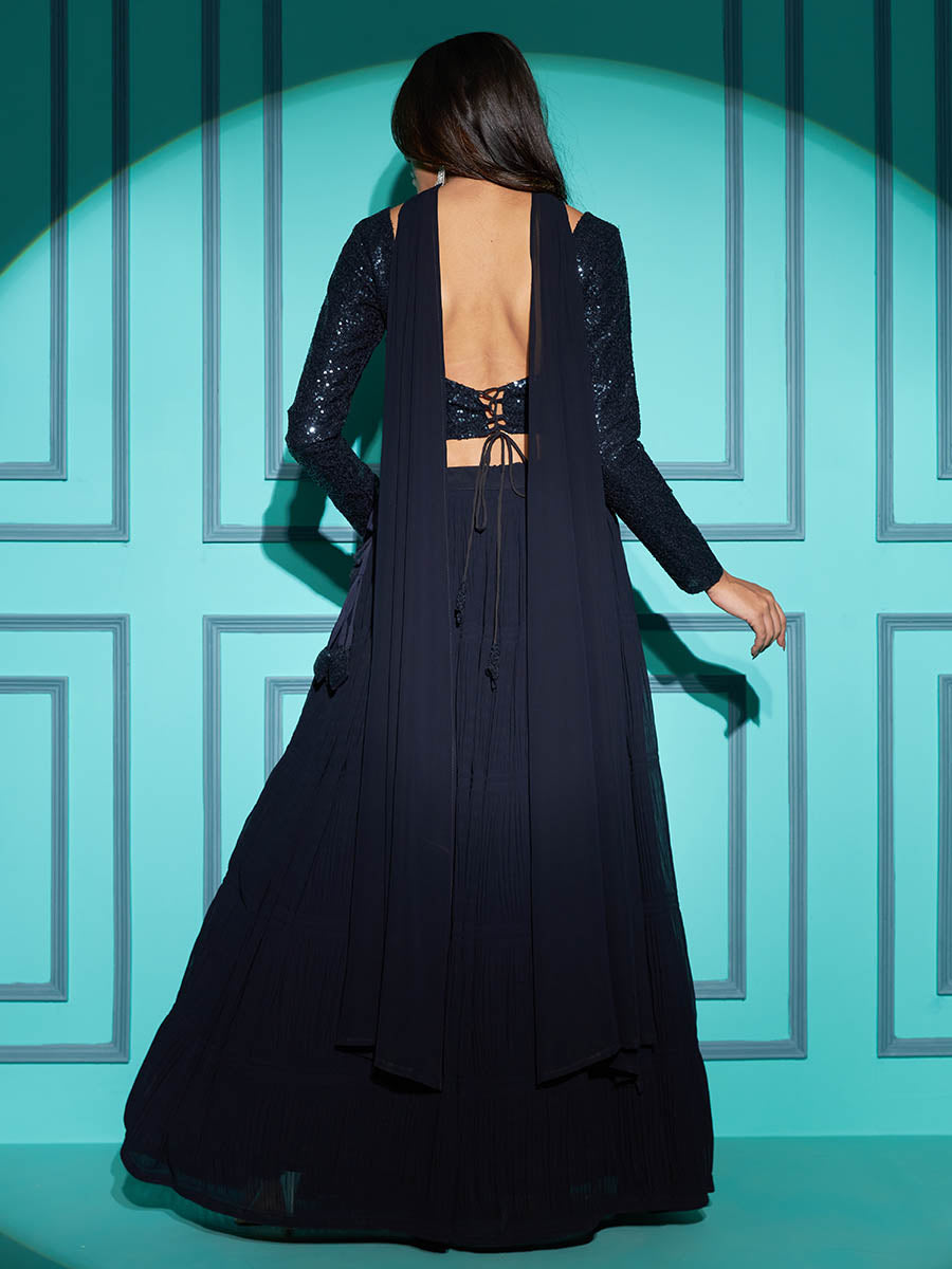 Myra Navy Blue Georgette Embroidered Designer Lehenga