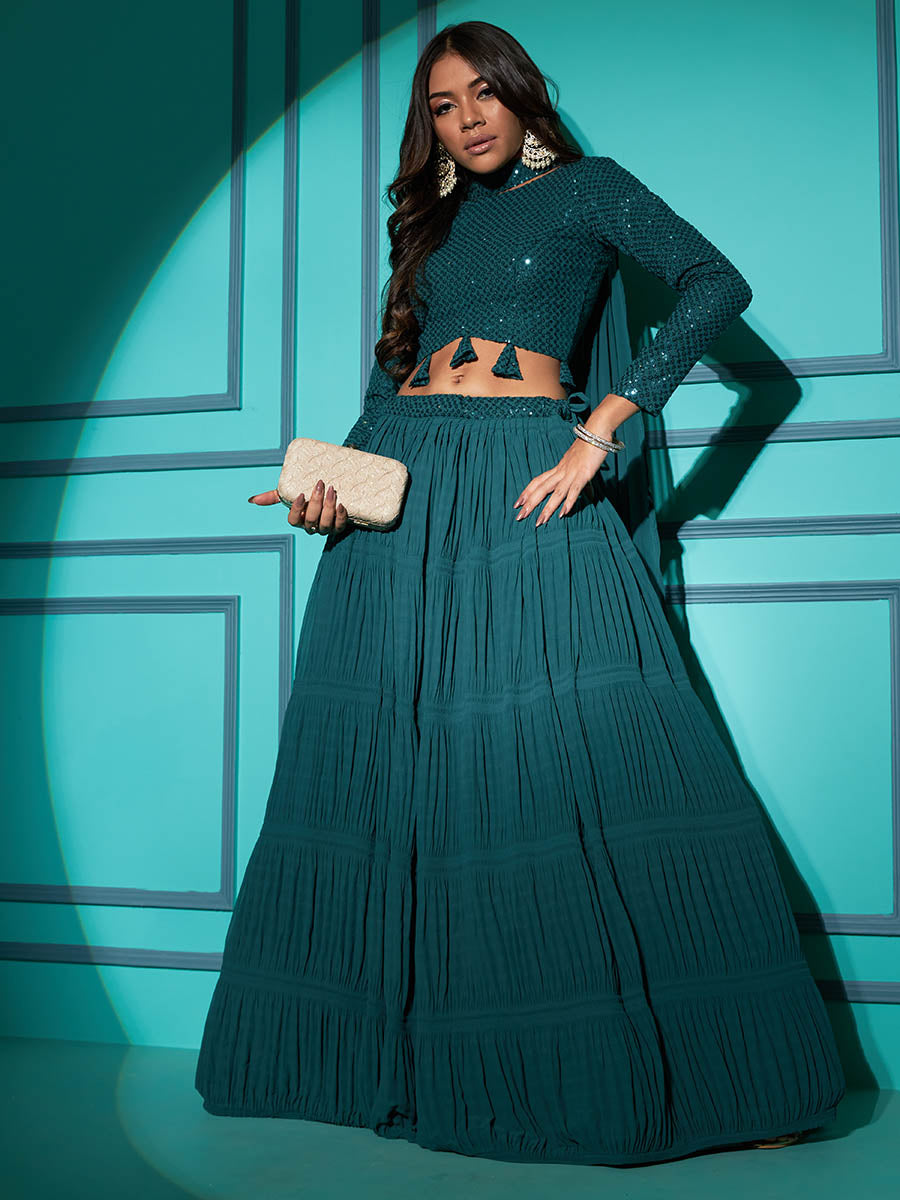 Myra Pista Green Georgette Embroidered Designer Lehenga