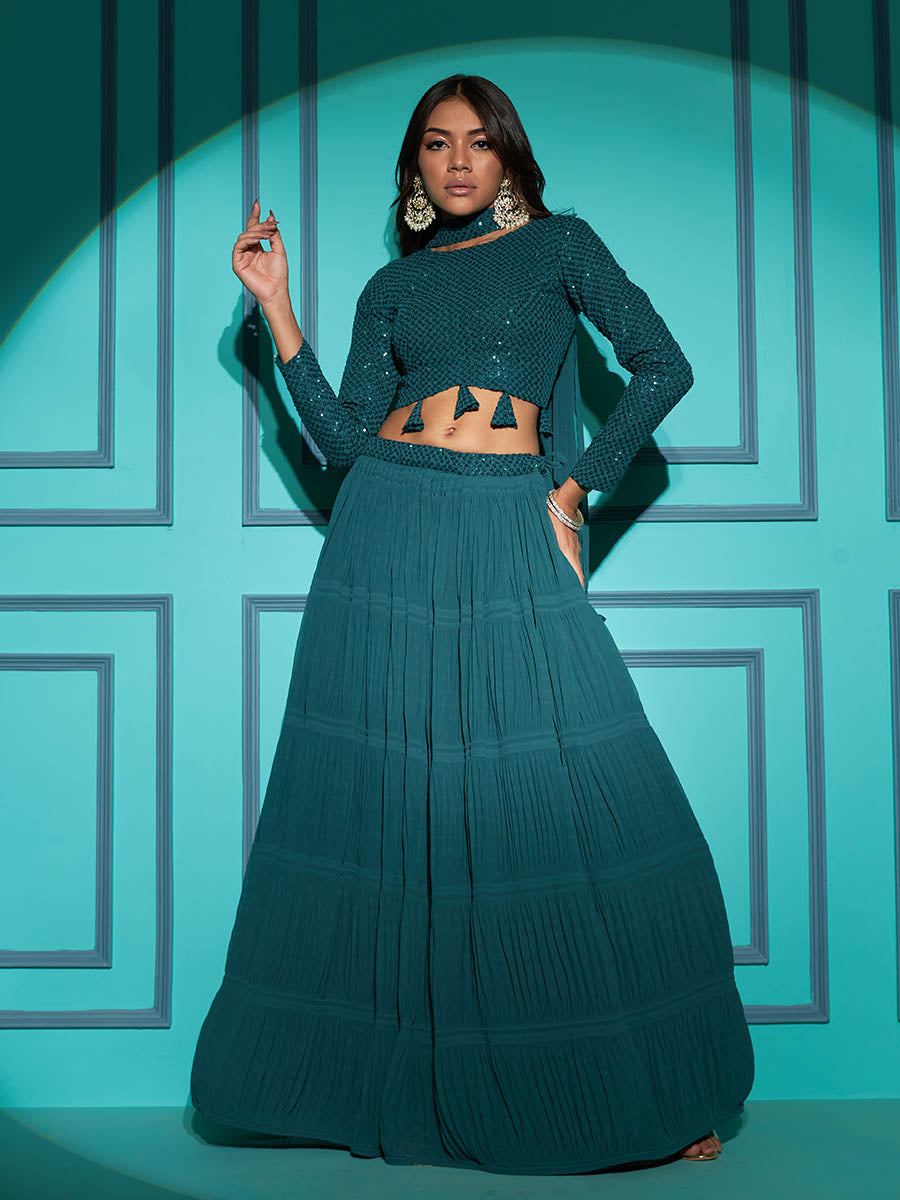 Myra Pista Green Georgette Embroidered Designer Lehenga