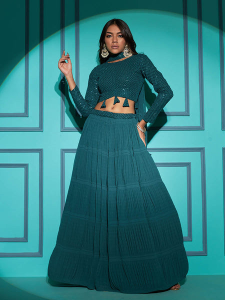 Myra Pista Green Georgette Embroidered Designer Lehenga