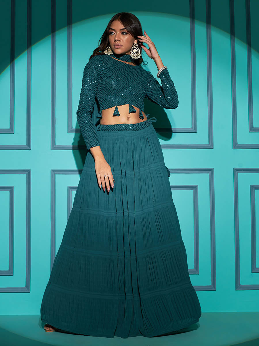 Myra Pista Green Georgette Embroidered Designer Lehenga