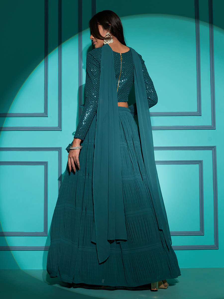 Myra Pista Green Georgette Embroidered Designer Lehenga