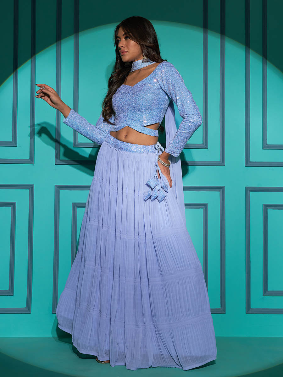 Myra Dusty Sky Georgette Embroidered Designer Lehenga