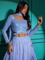 Myra Dusty Sky Georgette Embroidered Designer Lehenga