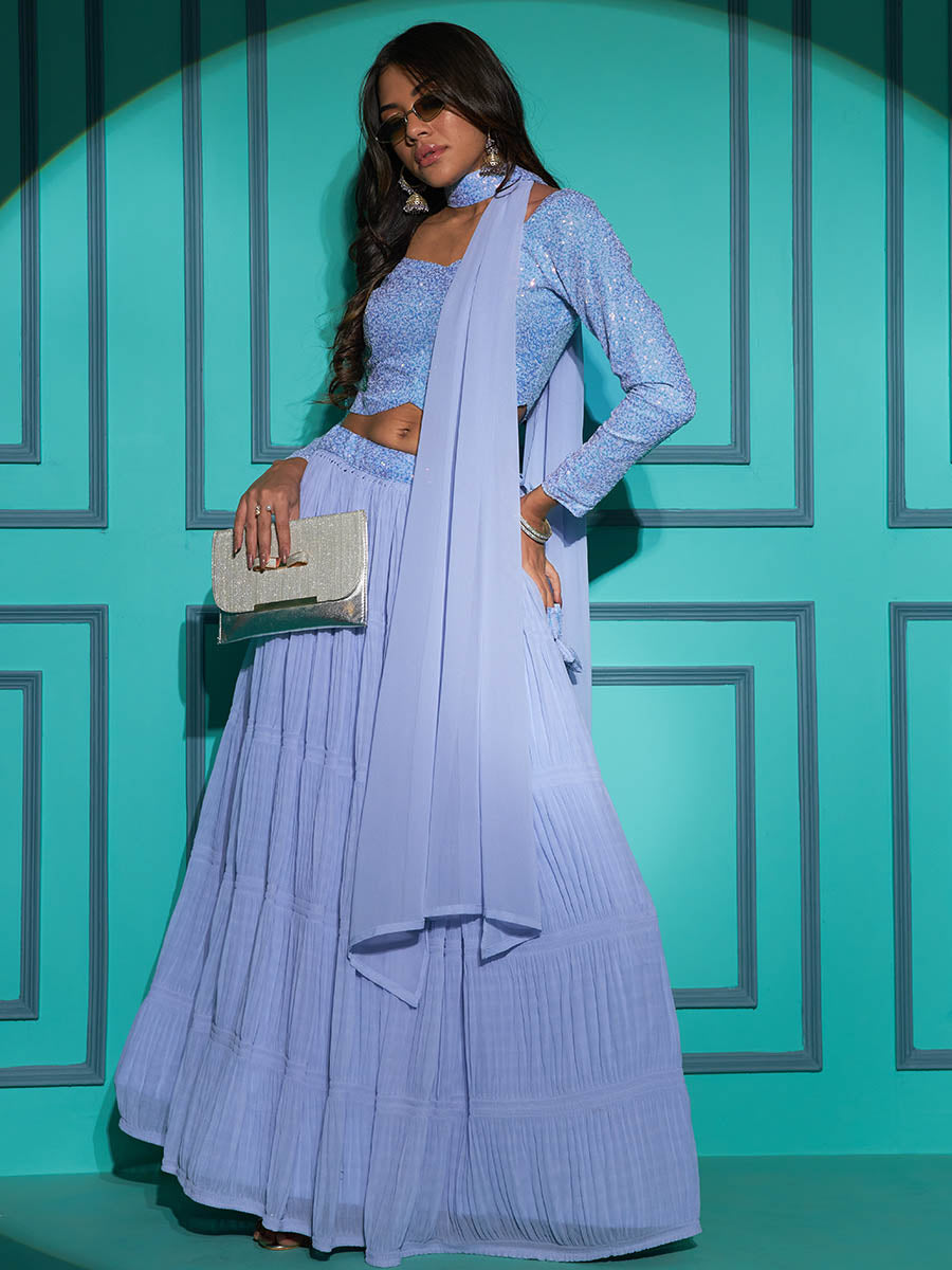 Myra Dusty Sky Georgette Embroidered Designer Lehenga