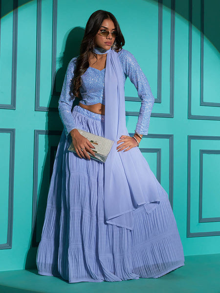 Myra Dusty Sky Georgette Embroidered Designer Lehenga