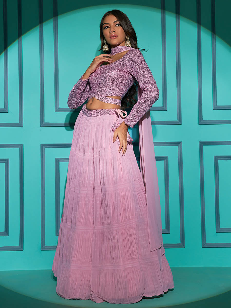 Myra Dusty Pink Georgette Embroidered Designer Lehenga