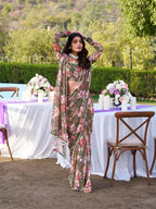 Vastranavya Mehendi Weightless Marble Printed & Pearl Lace Border Saree with Unstitched Blouse