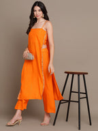 HERE&NOW Striped Mirror Work High Slit Kurta with Palazzos