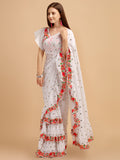 Lorenvalley Fashion White Faux Georgette Ruffle Saree with Fancy Sequence work & Blouse - Distacart