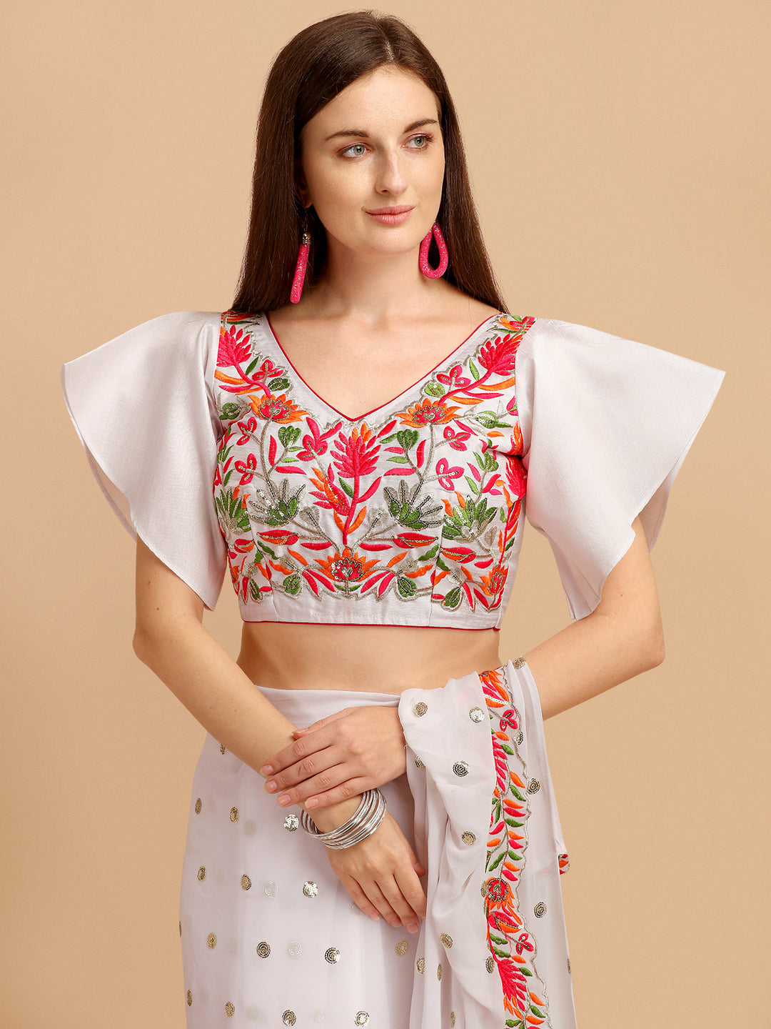Lorenvalley Fashion White Faux Georgette Ruffle Saree with Fancy Sequence work & Blouse - Distacart