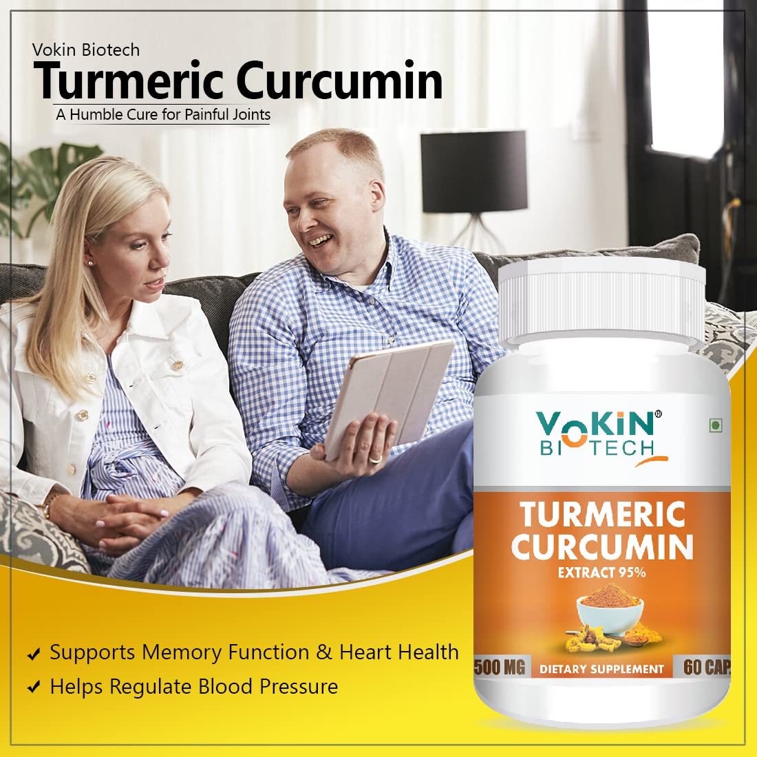 Vokin Biotech Natural Turmeric Curcumin Extract 95%(Curcuminiod) With Piperine Capsules 500Mg