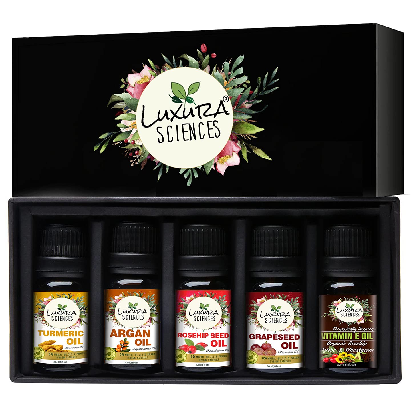 Luxura Sciences Organic Essential Oils for Skin Brightening & Tightening - Rosehip Oil, Argan Oil, Grape Seed Oil, Turmeric Oil, Vitamin E Oil