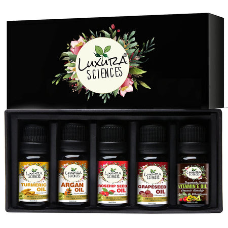 Luxura Sciences Organic Essential Oils for Skin Brightening & Tightening - Rosehip Oil, Argan Oil, Grape Seed Oil, Turmeric Oil, Vitamin E Oil