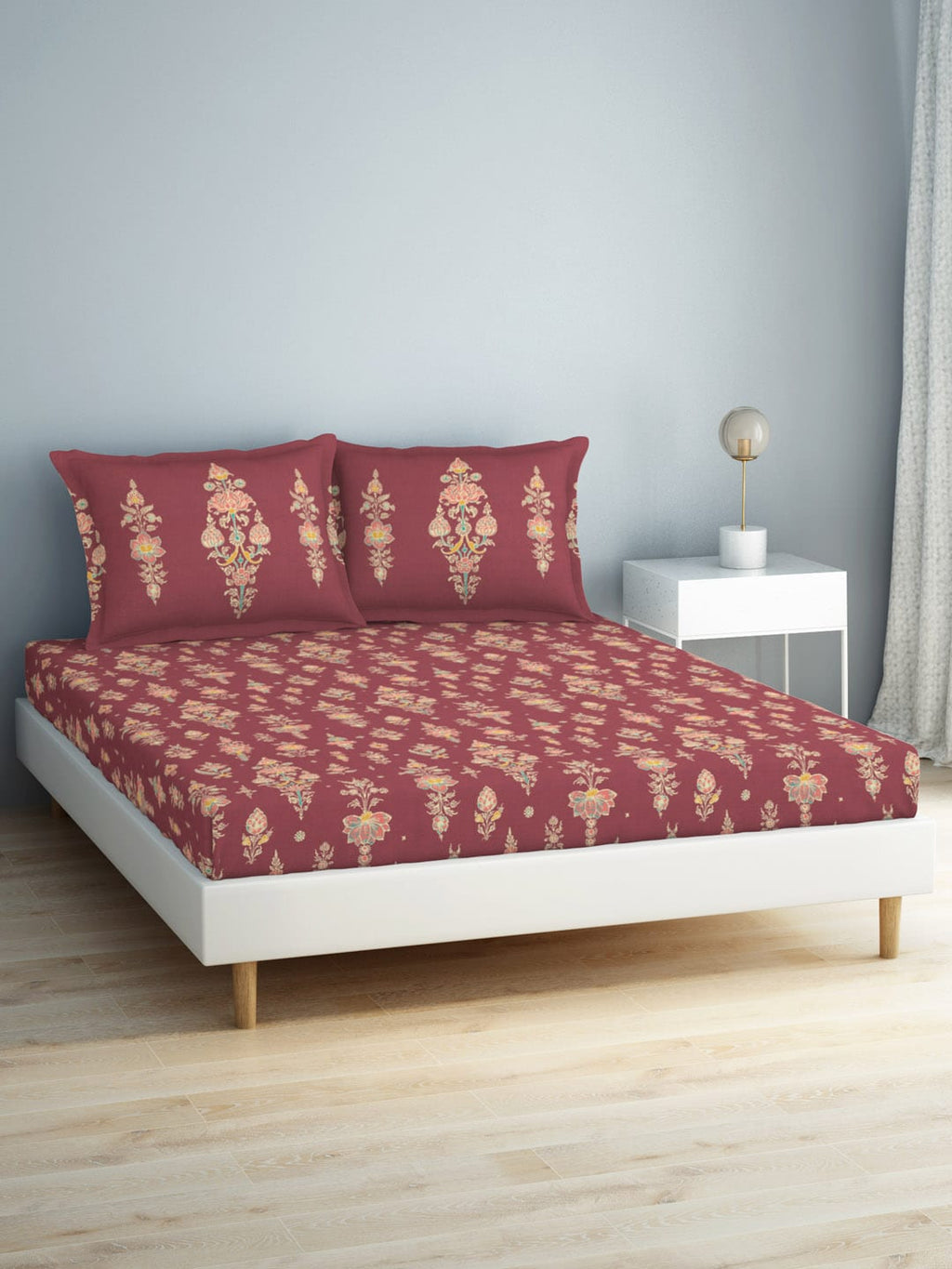 SPACES Aurum Red Ethnic Motifs Pure Cotton 140 TC Queen Bedsheet with 2 Pillow Covers