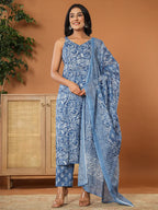 Yufta Blue Cotton Strappy Kurta Dupatta Set