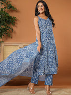 Yufta Blue Cotton Strappy Kurta Dupatta Set