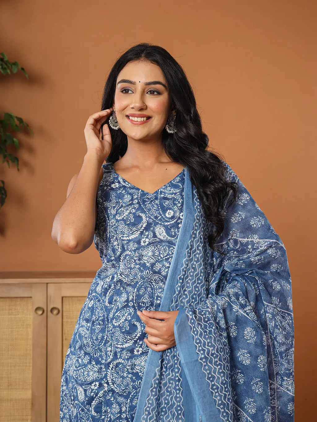 Yufta Blue Cotton Strappy Kurta Dupatta Set