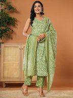 Yufta Green Cotton Strappy Kurta Dupatta Set