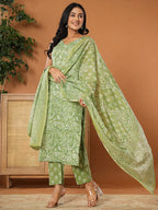 Yufta Green Cotton Strappy Kurta Dupatta Set