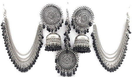 Silver-Plated Alloy Silver Black Earrings With Hair Extension - The Pari
