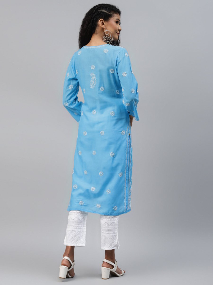 ADA Women Blue & White Ethnic Motifs Hand Embroidered Chikankari Handloom Kurta