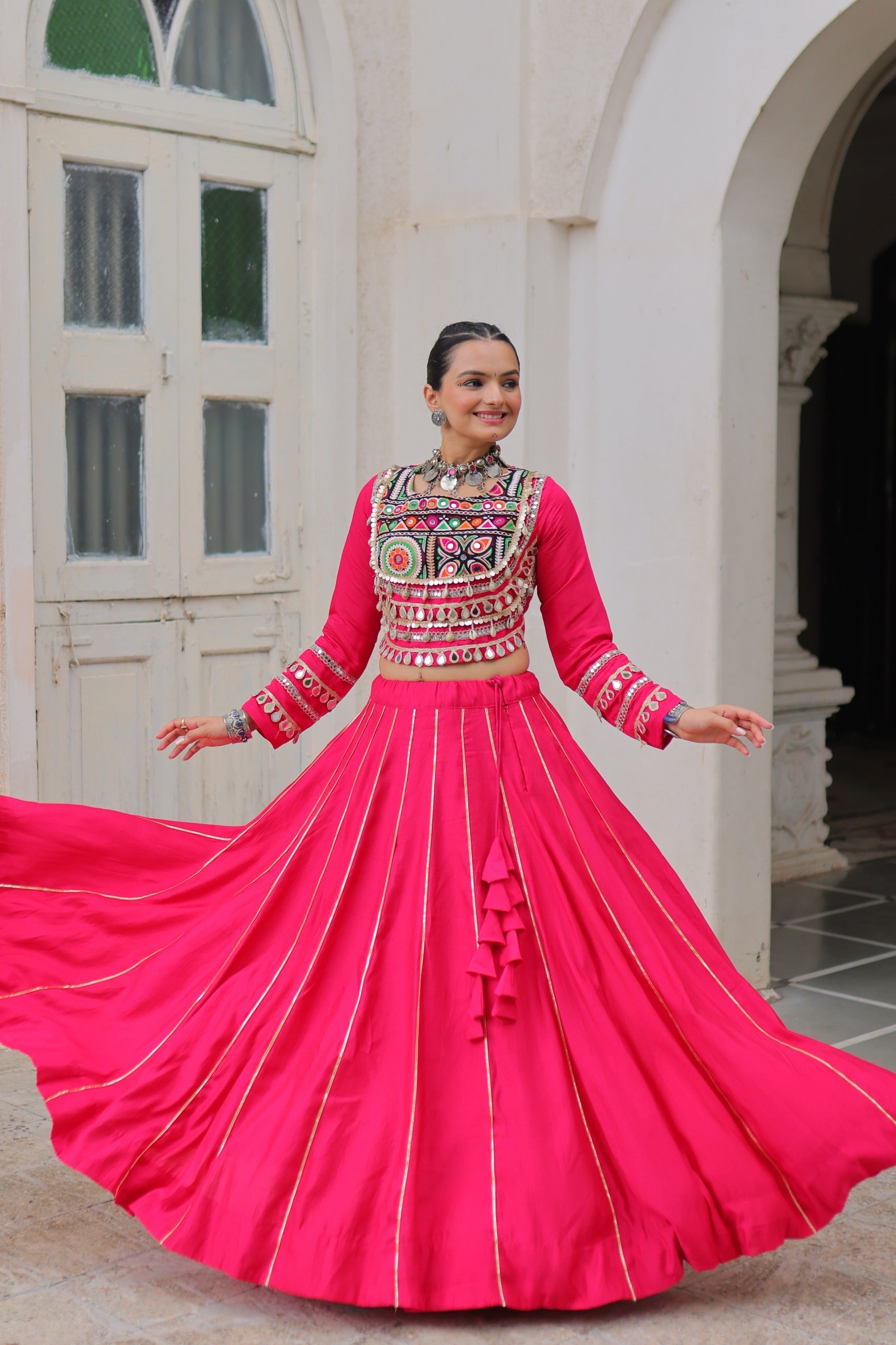 Lorenvalley Fashion Pink Roman Silk with Attractive Gota-Patti Lace Lehenga Choli