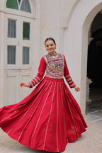 Lorenvalley Fashion Red Roman Silk with Attractive Gota-Patti Lace Lehenga Choli