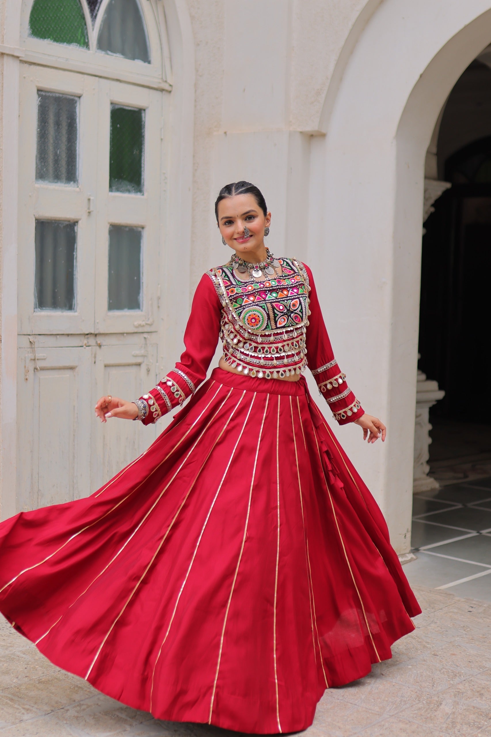 Lorenvalley Fashion Red Roman Silk with Attractive Gota-Patti Lace Lehenga Choli