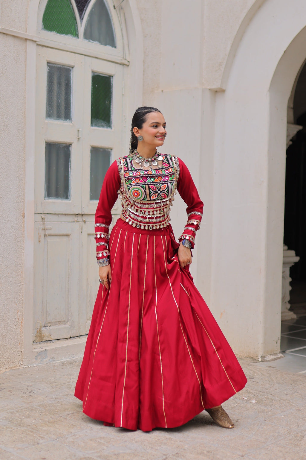 Lorenvalley Fashion Red Roman Silk with Attractive Gota-Patti Lace Lehenga Choli