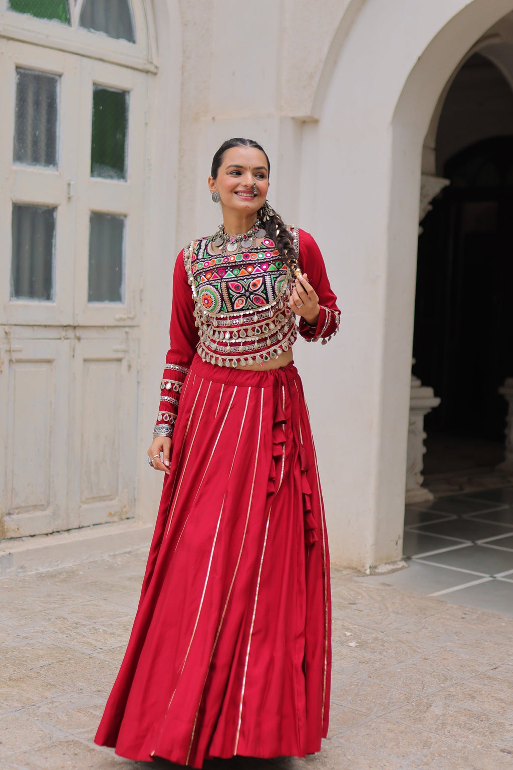 Lorenvalley Fashion Red Roman Silk with Attractive Gota-Patti Lace Lehenga Choli