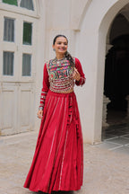 Lorenvalley Fashion Red Roman Silk with Attractive Gota-Patti Lace Lehenga Choli