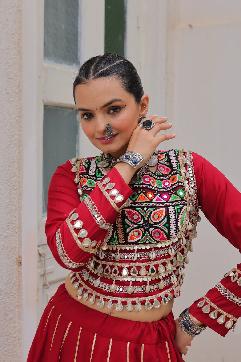 Lorenvalley Fashion Red Roman Silk with Attractive Gota-Patti Lace Lehenga Choli