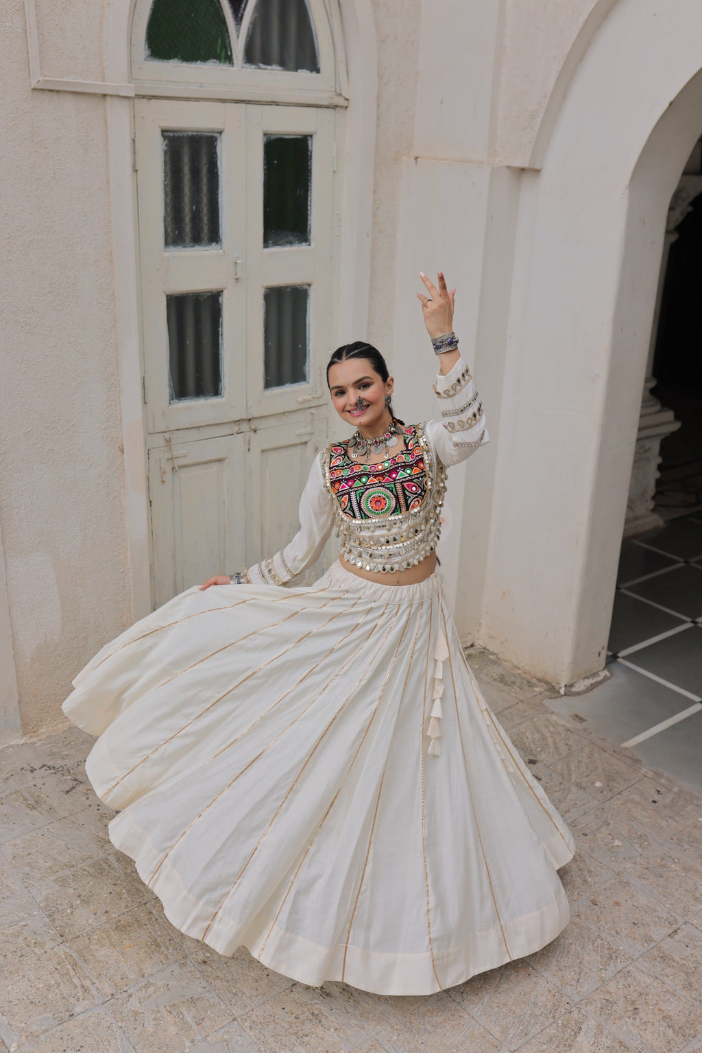 Lorenvalley Fashion White Roman Silk with Attractive Gota-Patti Lace Lehenga Choli