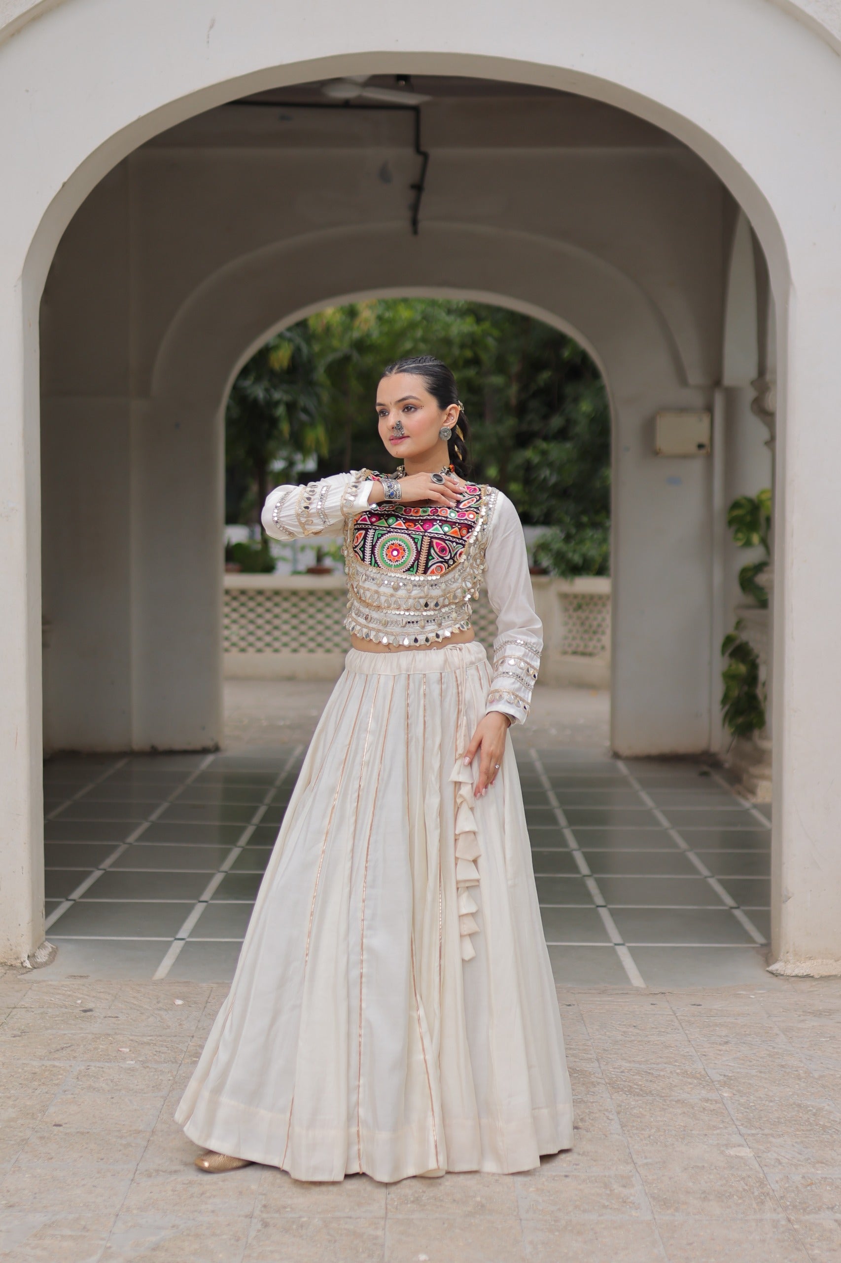 Lorenvalley Fashion White Roman Silk with Attractive Gota-Patti Lace Lehenga Choli